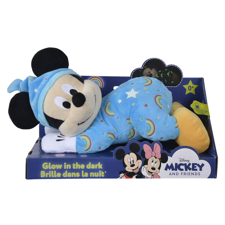  mickey souris peluche couchée bleu luminescente 30 cm 